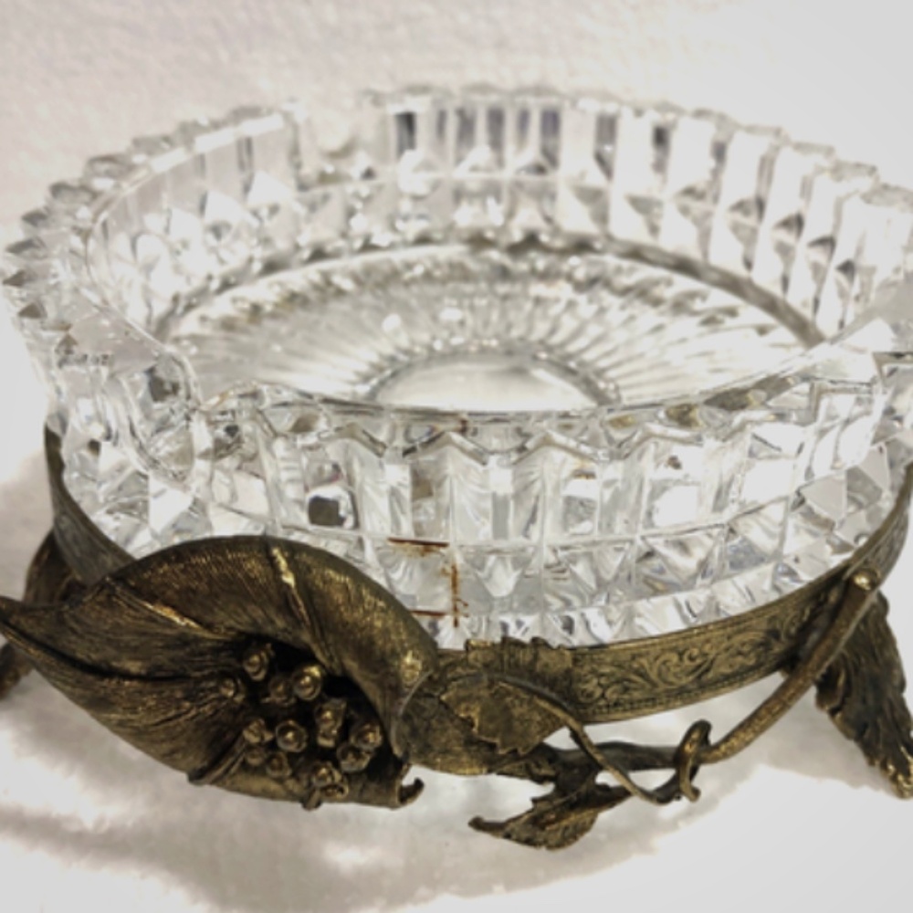 Vintage Crystal Ashtray with Ornate Brass Base Footed Ashtray with Floral Detail